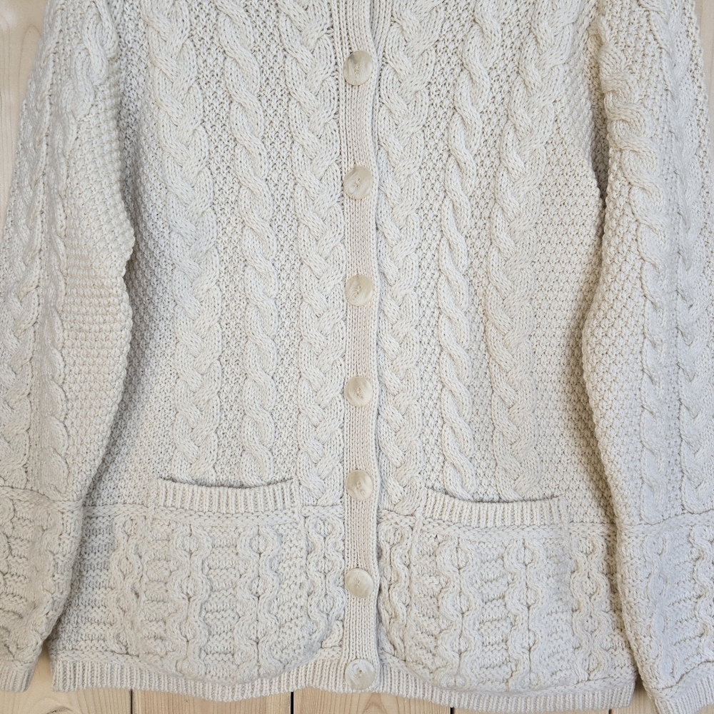Aran Mor Ireland Cable Knit Cardigan Sweater Merino Wool Cream Womens Large - Picture 3 of 16